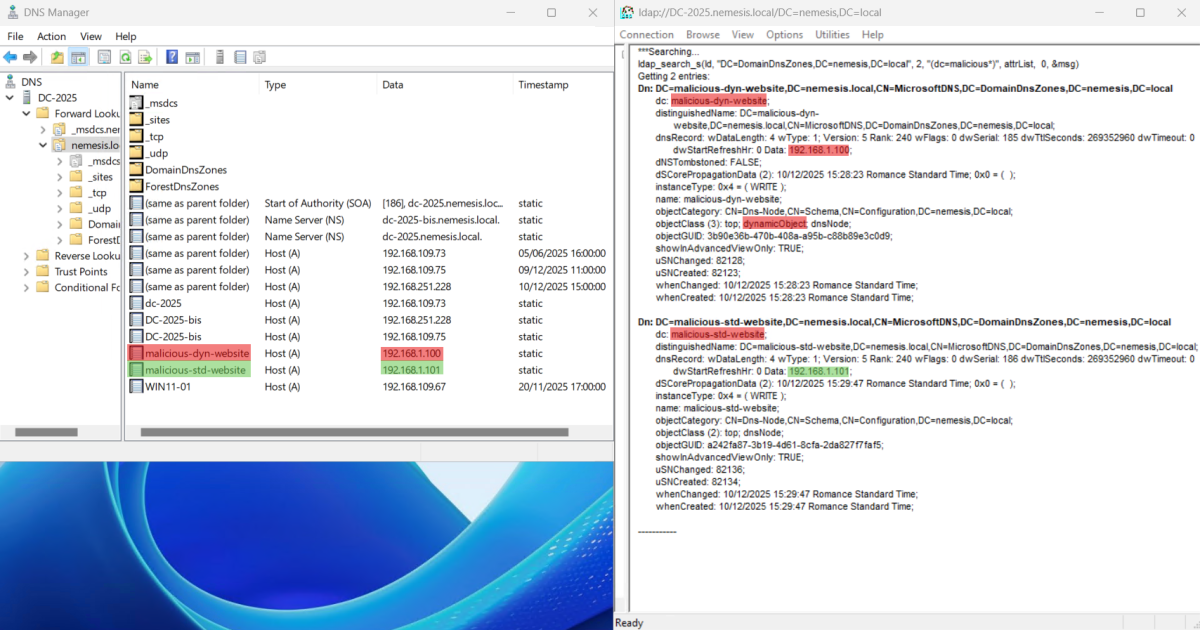 Dual view in DNS Manager and LDP showing a 'malicious-dyn-website' record created as a dynamicObject